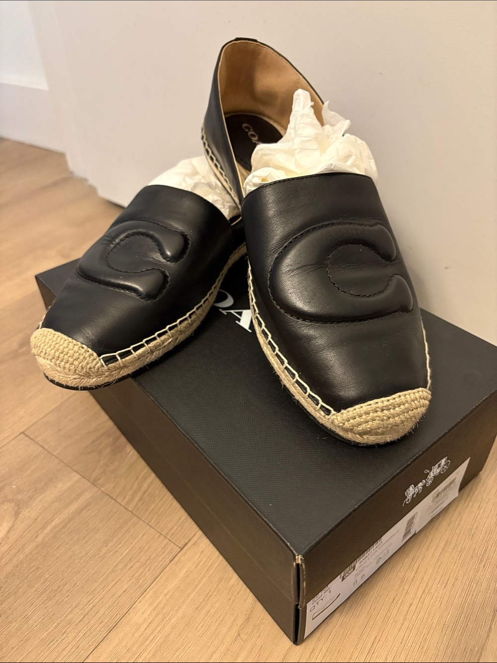 Coach Women’s Black Leather Espadrilles with Jute Trim Size 11
